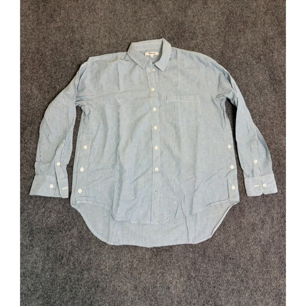 Madewell Women Button Up Long Sleeve Shirt Cotton-Linen Blue White Stripe Size S